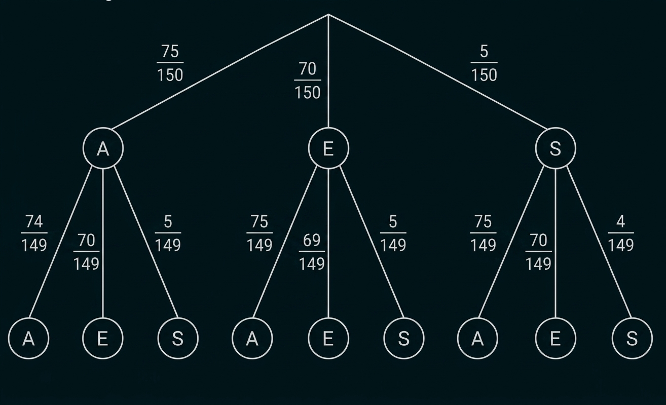 Baumdiagramm mit A, E und S sowie Brüchen